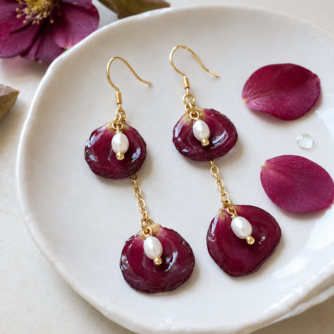 Rose Petal Cup – Dried Rose Petal & Pearl Drop Earrings