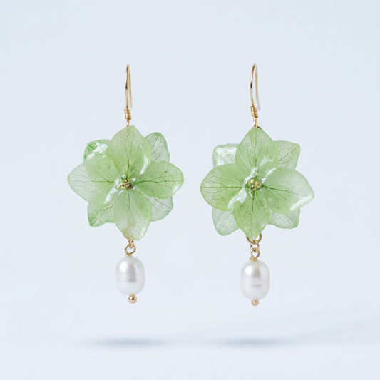 Hydrangea – Green Hydrangea & Pearl Drop Earrings