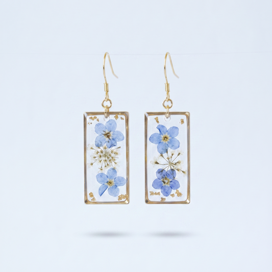 Forget Me Not – Pressed Forget-Me-Not Clear Rectangle Resin Drop Earrings