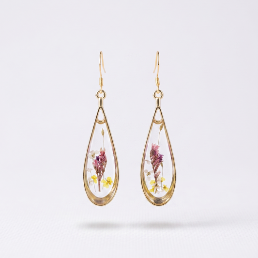 Purple clover – Pressed Purple Clover Clear Teardrop Resin Drop Earrings