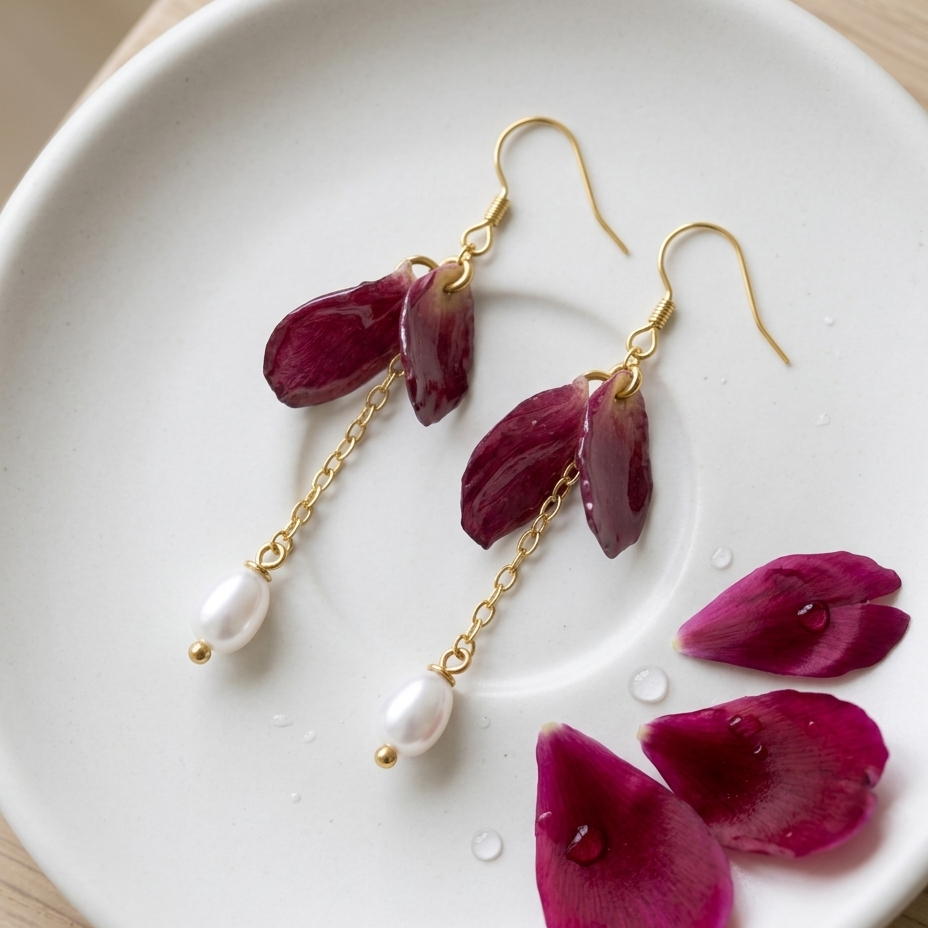 Falling Petals – Double Rose Petal & Pearl Long Drop Earrings
