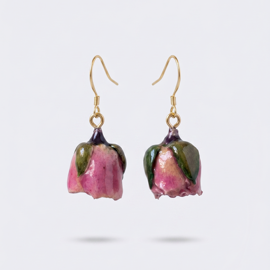 Rose Bud – Pink-Red Dried Rose Bud Drop Earrings