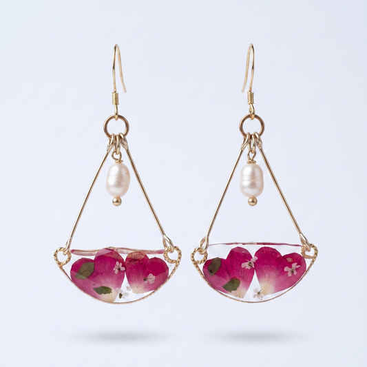 Wildflower Triangle – Pressed Pink Wildflower & Pearl Triangle Resin Drop Earrings