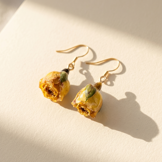 Rose Bud – Yellow Dried Rose Bud Drop Earrings