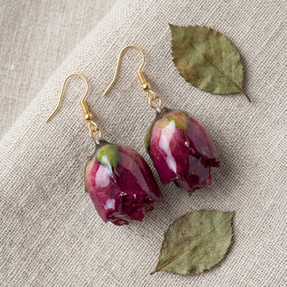 Rose Bud – Deep Crimson Dried Rose Bud Drop Earrings