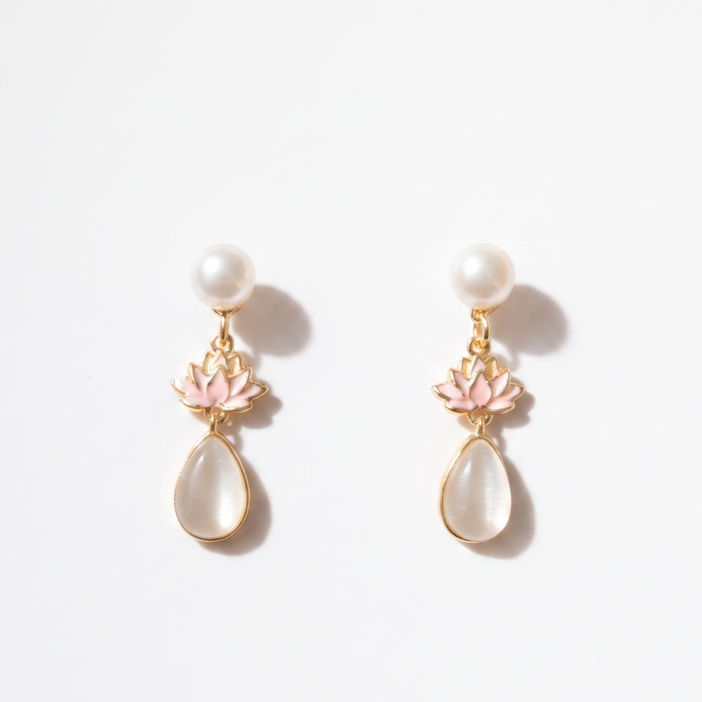 Lotus Dew – Lotus Flower & Moonstone Pearl Drop Earrings