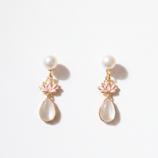 Lotus Dew – Lotus Flower & Moonstone Pearl Drop Earrings