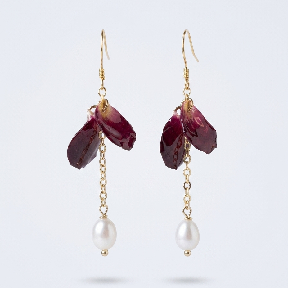 Falling Petals – Double Rose Petal & Pearl Long Drop Earrings