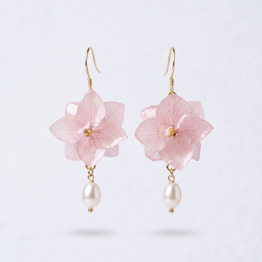 Hydrangea – Pink Hydrangea & Pearl Drop Earrings