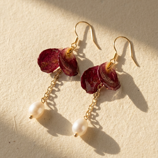Falling Petals – Double Rose Petal & Pearl Long Drop Earrings