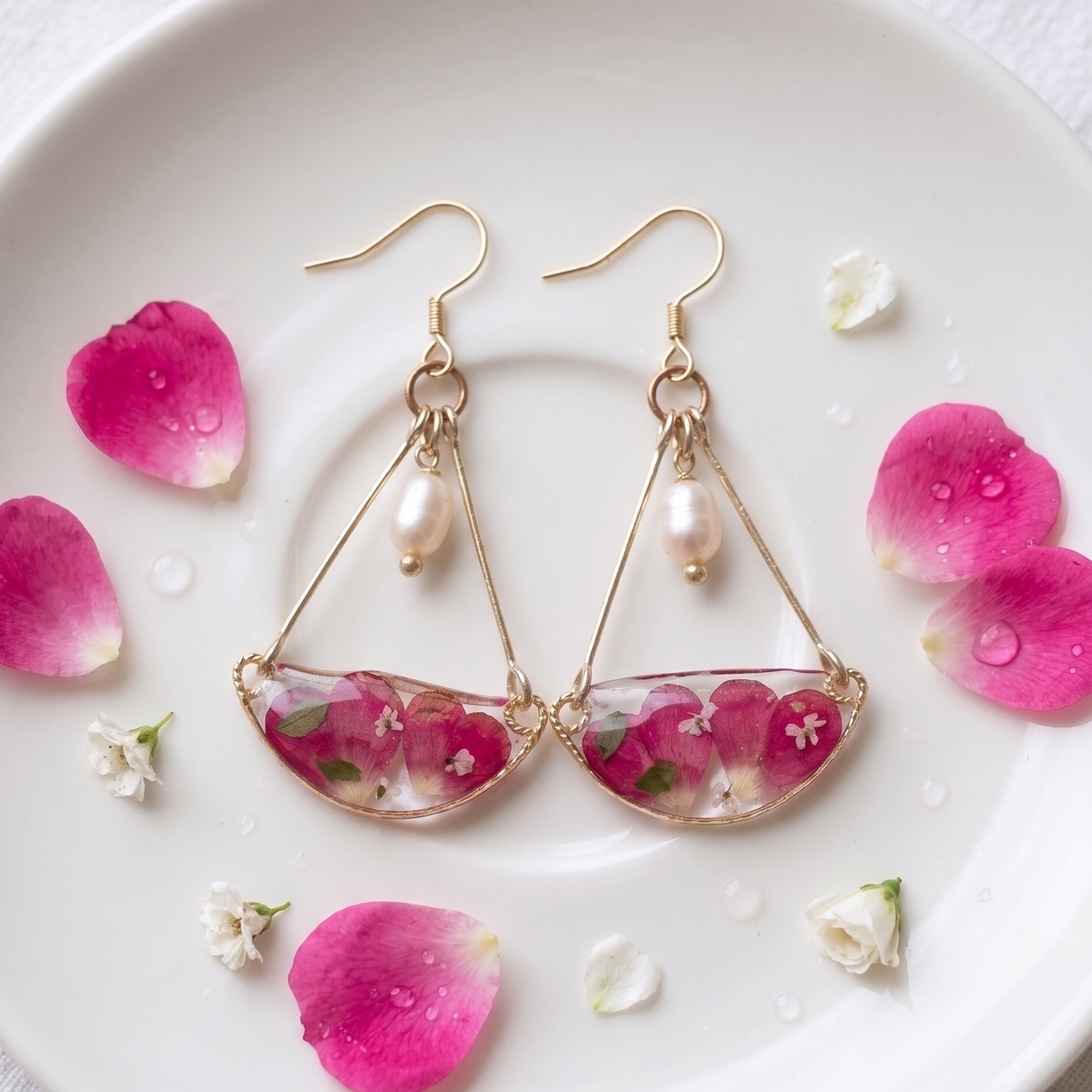 Wildflower Triangle – Pressed Pink Wildflower & Pearl Triangle Resin Drop Earrings