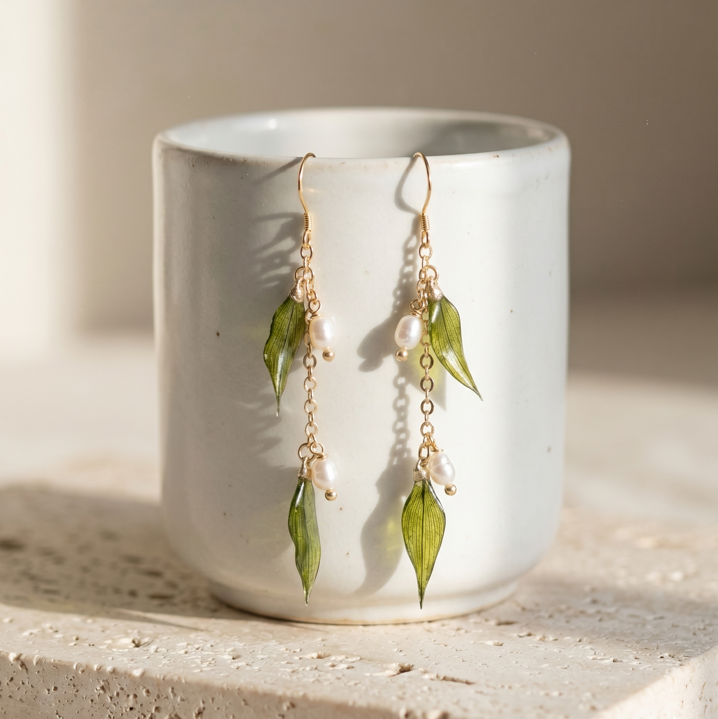 Mini Leaves – Dried Mini Leaf & Pearl Long Drop Earrings