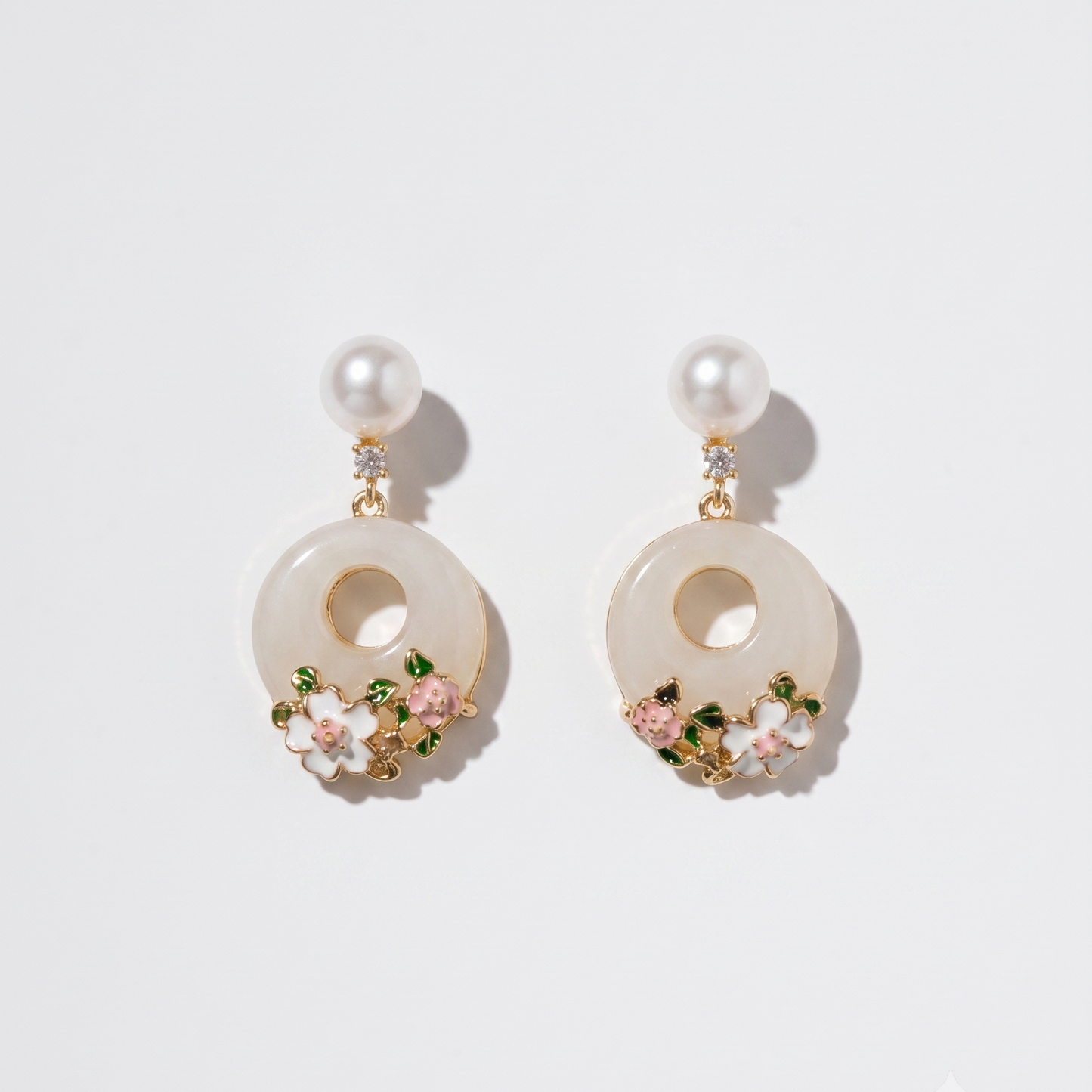 Rose Garden – Jade Ring & Pink Rose Enamel Pearl Drop Earrings