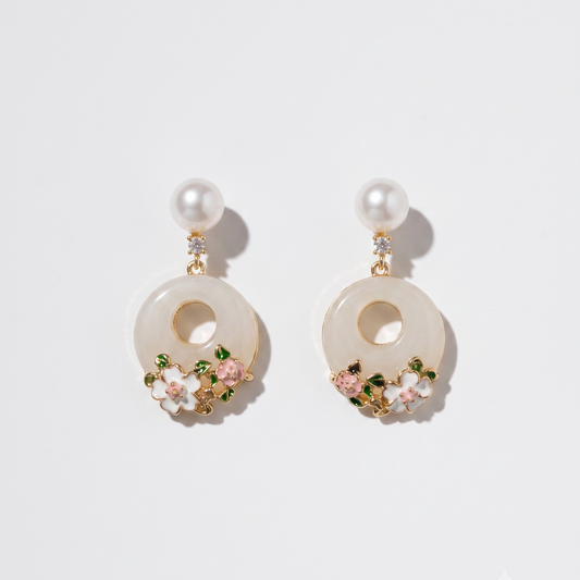 Rose Garden – Jade Ring & Pink Rose Enamel Pearl Drop Earrings