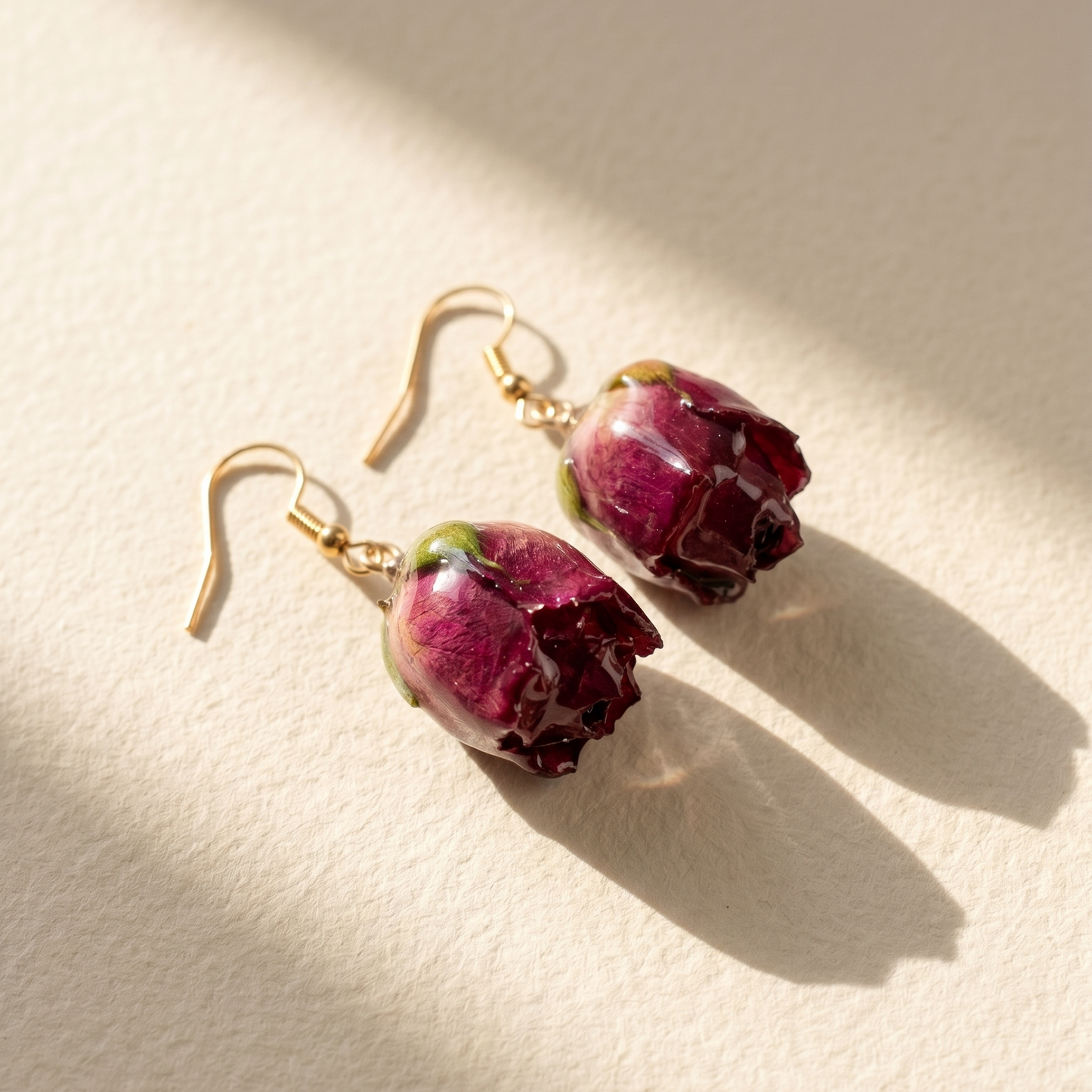 Rose Bud – Deep Crimson Dried Rose Bud Drop Earrings