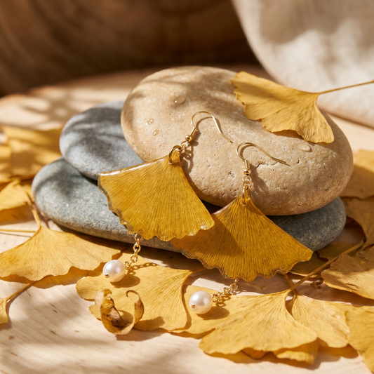 Ginkgo – Yellow Ginkgo Fan Leaf & Pearl Drop Earrings
