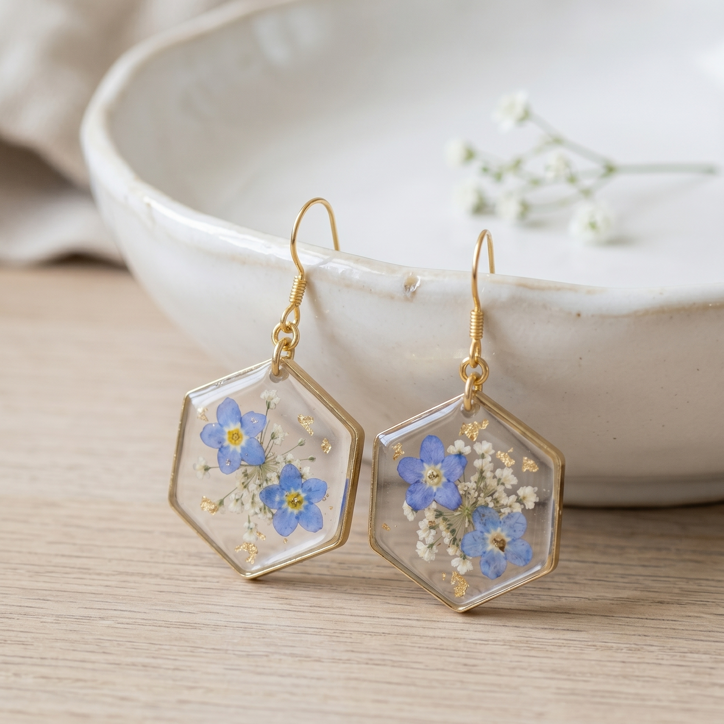 Forget Me Not – Pressed Forget-Me-Not Clear Hexagon Resin Drop Earrings