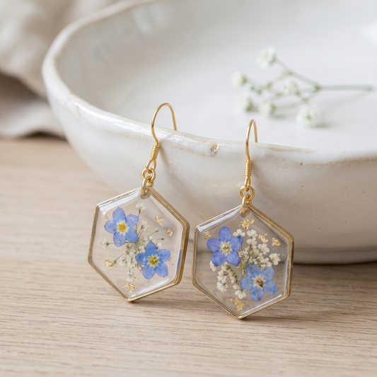 Forget Me Not – Pressed Forget-Me-Not Clear Hexagon Resin Drop Earrings