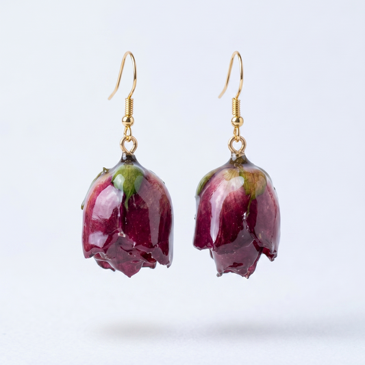 Rose Bud – Deep Crimson Dried Rose Bud Drop Earrings