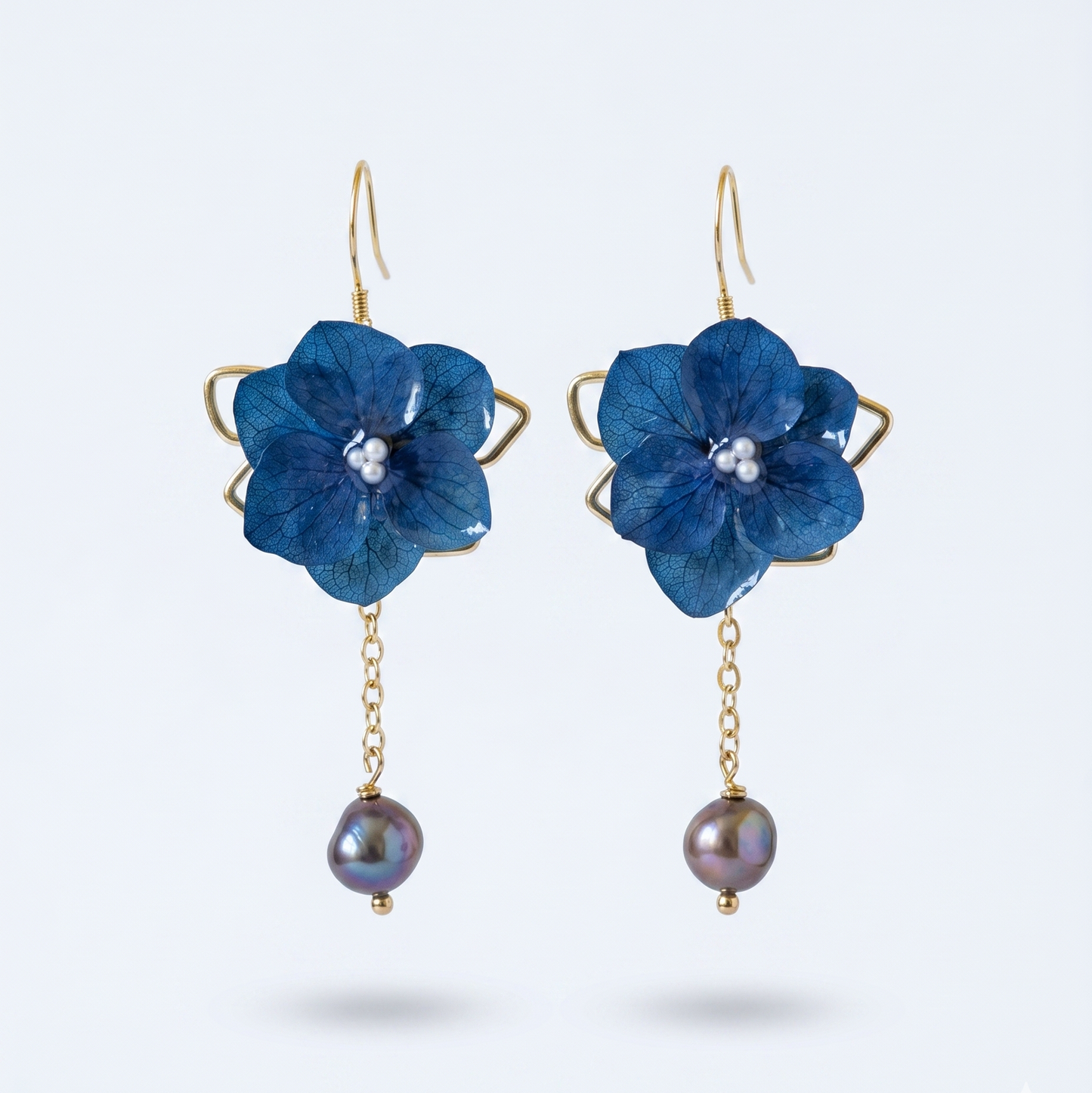 Hydrangea – Deep Blue Hydrangea & Pearl Drop Earrings