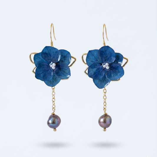 Hydrangea – Deep Blue Hydrangea & Pearl Drop Earrings