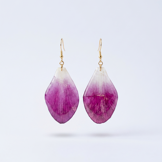 Orchard Petal – 3D Purple Orchid Petal Clear Teardrop Resin Drop Earrings