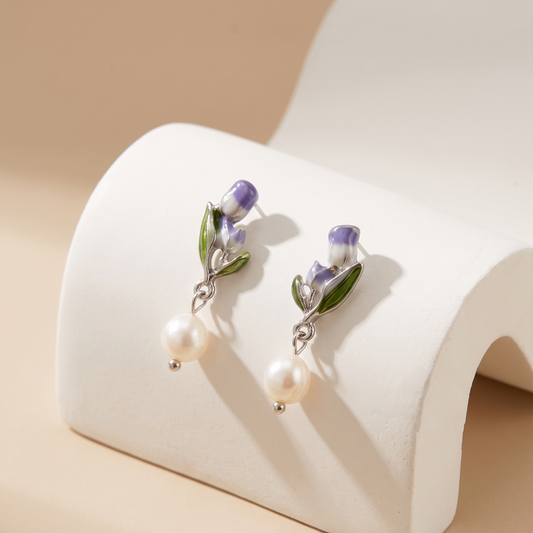 Purple Bell – Enamel Flower & Pearl Drop Earrings