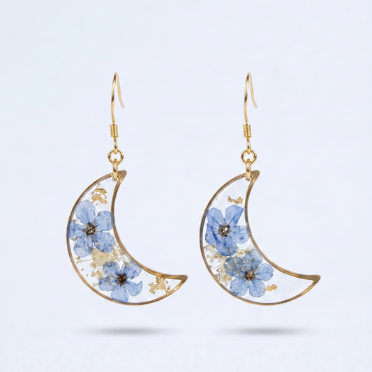 Forget Me Not – Pressed Forget-Me-Not Clear Crescent Moon Resin Drop Earrings