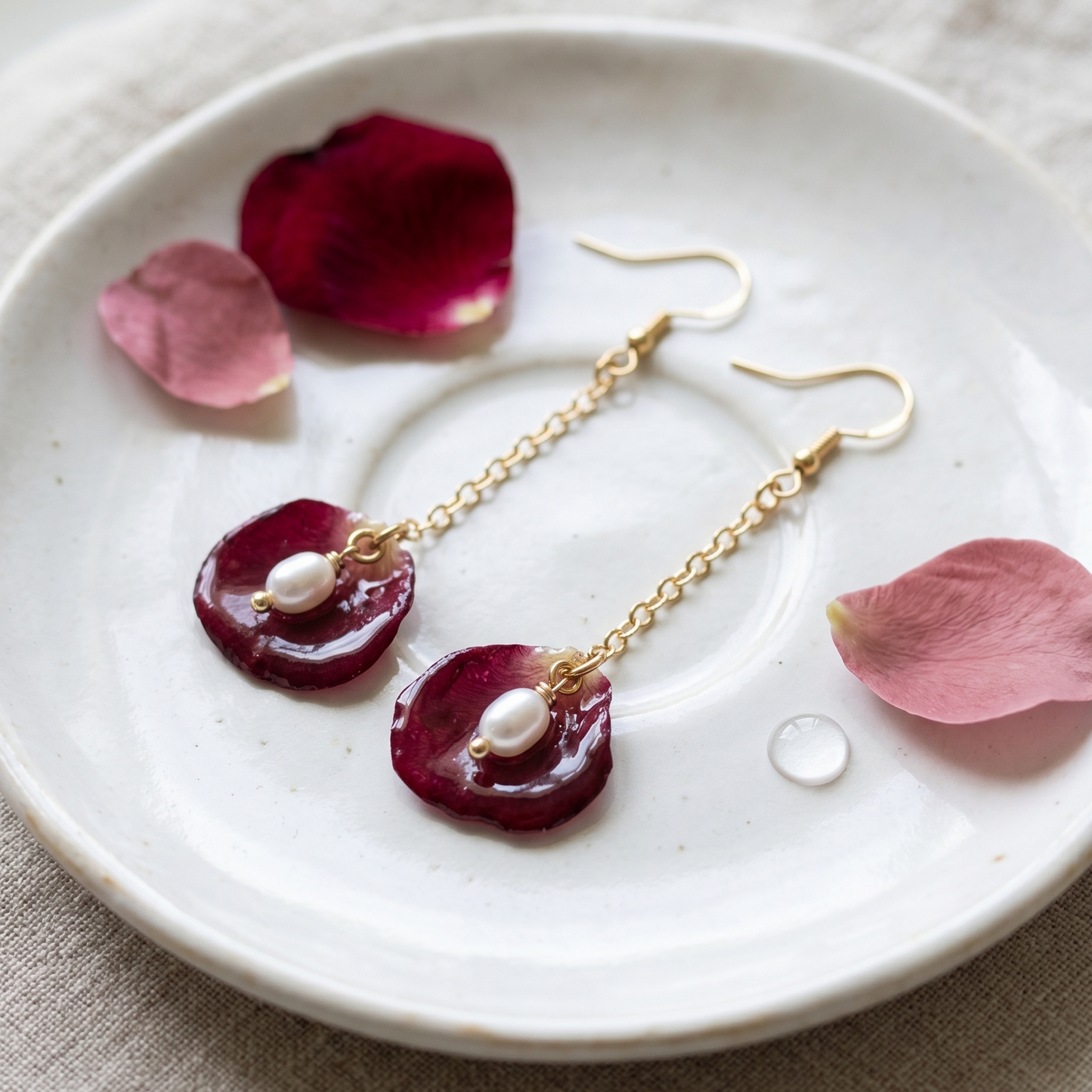 Simple Petals – Simple Rose Petal & Pearl Long Drop Earrings