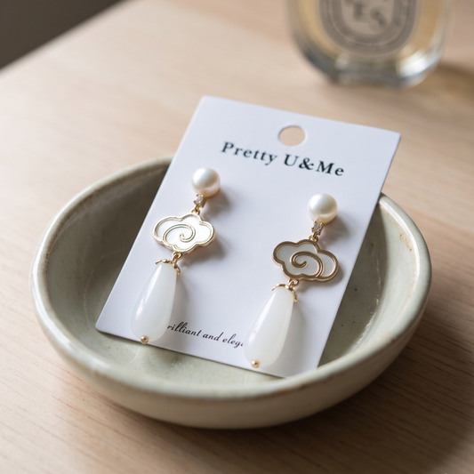 Cloud Drop – Auspicious Cloud & Jade Teardrop Pearl Drop Earrings