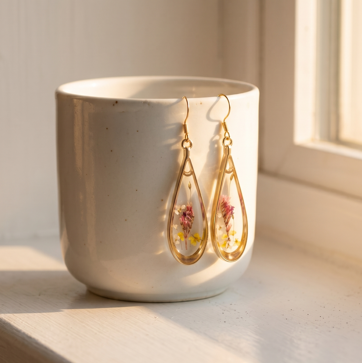 Purple clover – Pressed Purple Clover Clear Teardrop Resin Drop Earrings