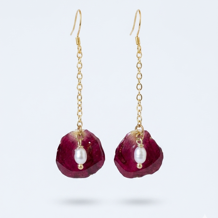 Simple Petals – Simple Rose Petal & Pearl Long Drop Earrings