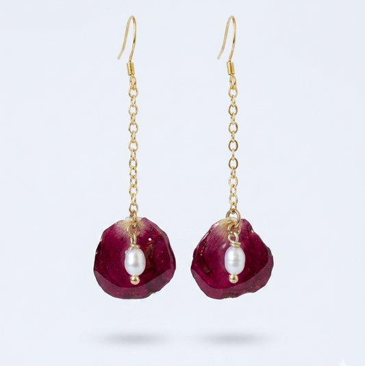 Simple Petals – Simple Rose Petal & Pearl Long Drop Earrings