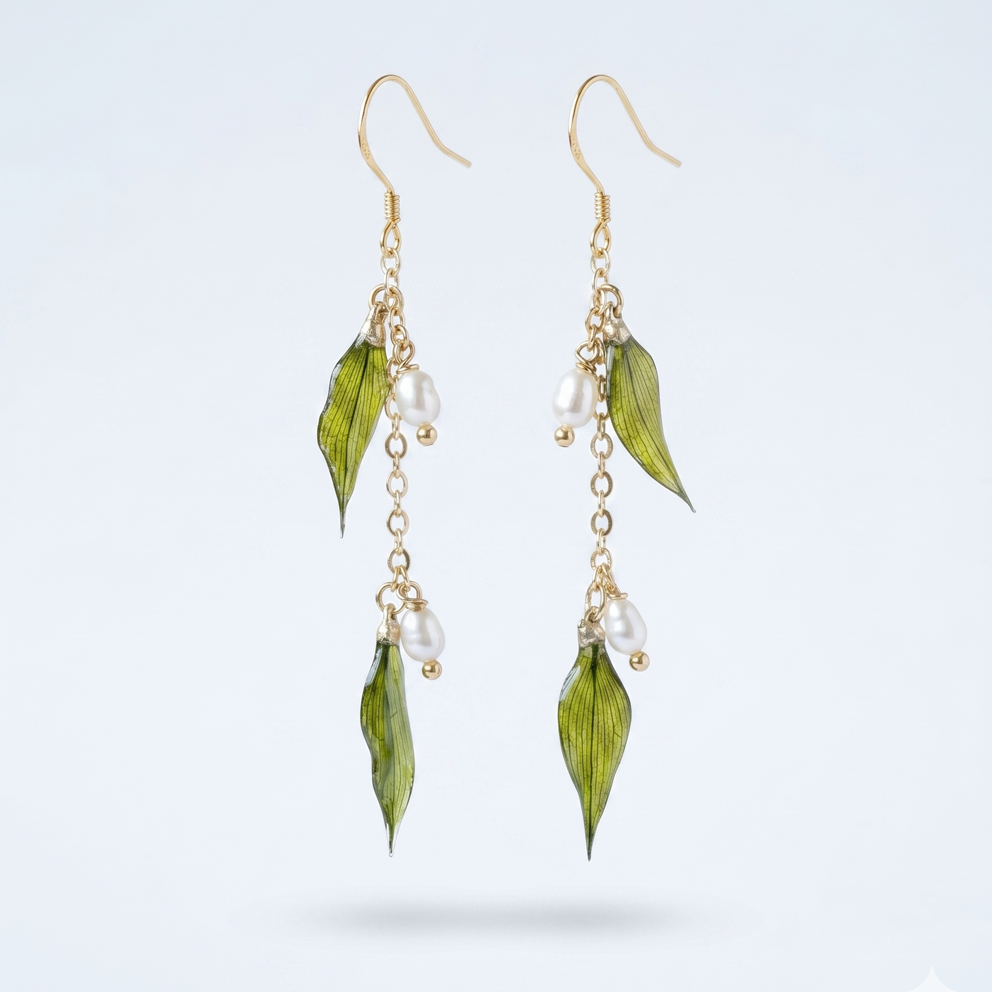Mini Leaves – Dried Mini Leaf & Pearl Long Drop Earrings