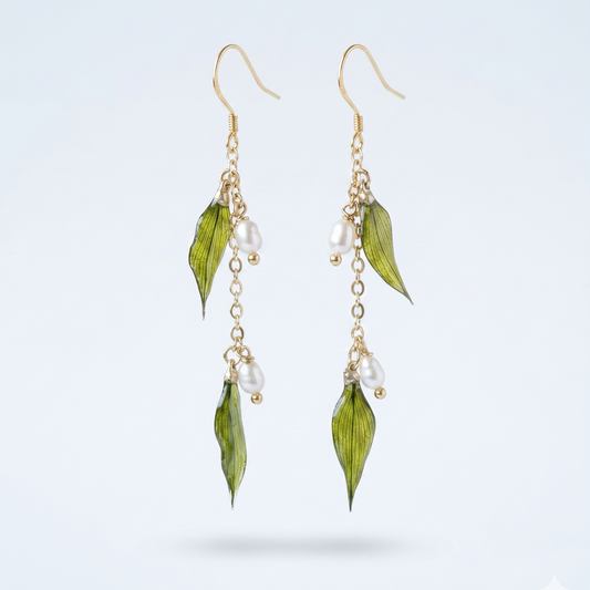 Mini Leaves – Dried Mini Leaf & Pearl Long Drop Earrings
