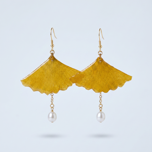 Ginkgo – Yellow Ginkgo Fan Leaf & Pearl Drop Earrings