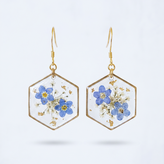 Forget Me Not – Pressed Forget-Me-Not Clear Hexagon Resin Drop Earrings