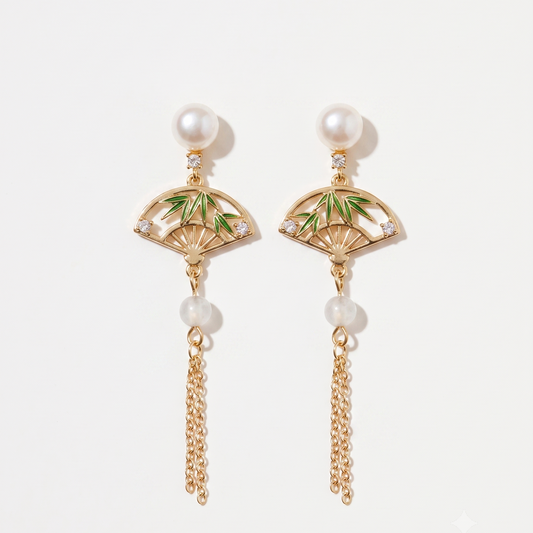Folding Fan – Mother-of-Pearl Fan & Pearl Tassel Drop Earrings