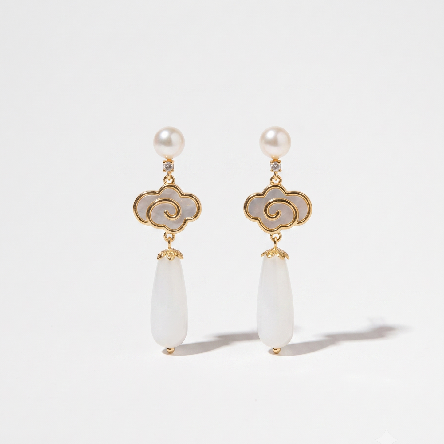 Cloud Drop – Auspicious Cloud & Jade Teardrop Pearl Drop Earrings