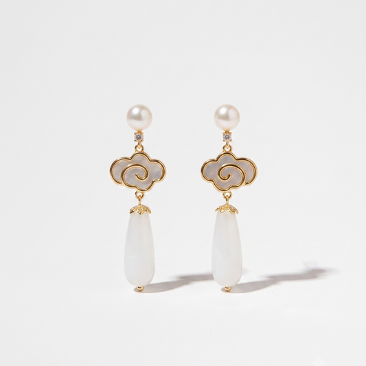 Cloud Drop – Auspicious Cloud & Jade Teardrop Pearl Drop Earrings