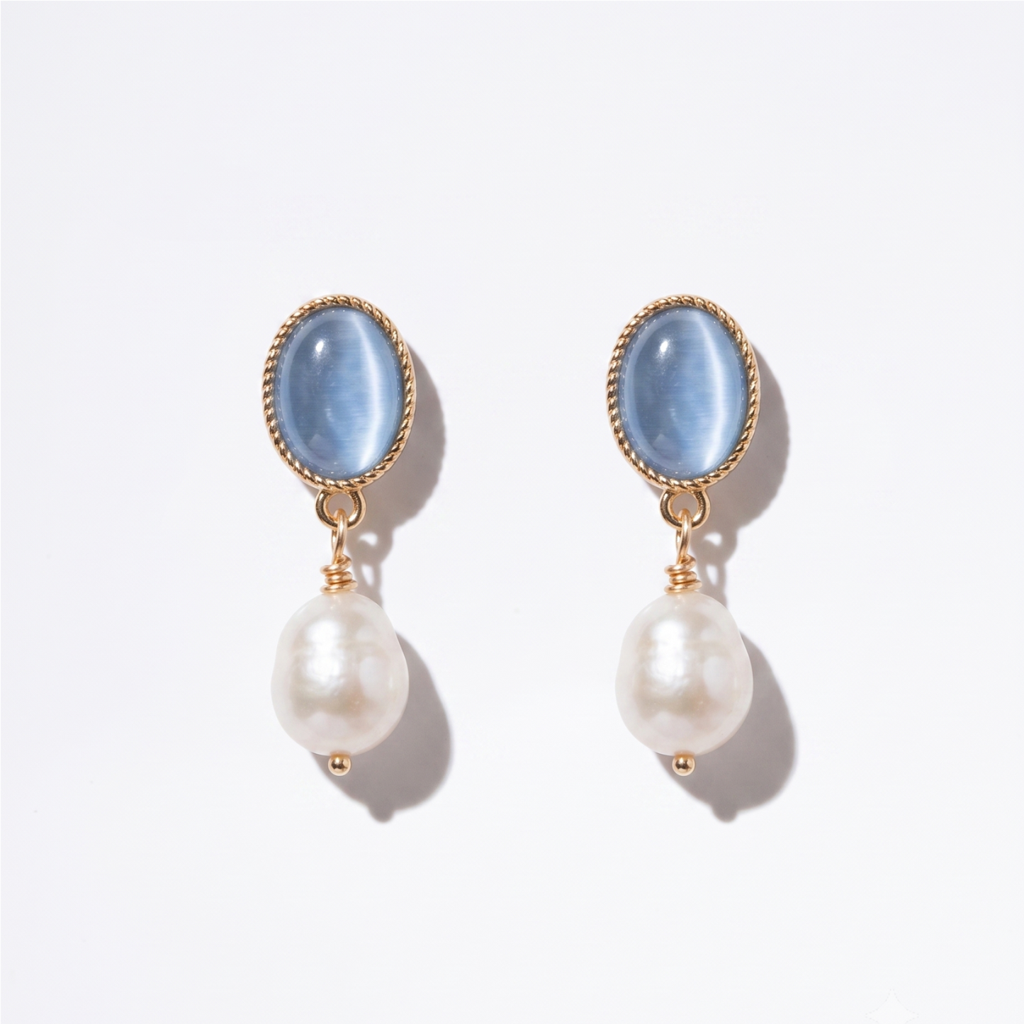 Blue Mist – Cat's Eye Stone & Pearl Drop Earrings