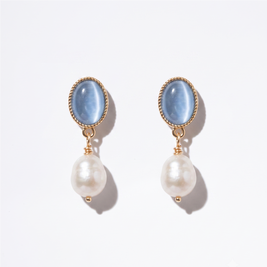 Blue Mist – Cat's Eye Stone & Pearl Drop Earrings
