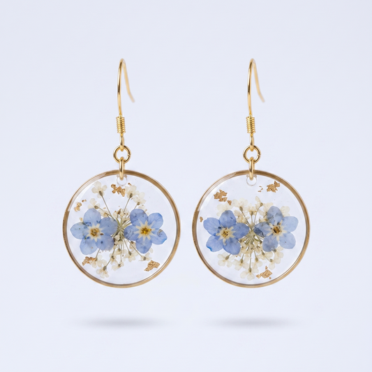 Forget Me Not – Pressed Forget-Me-Not Clear Round Resin Drop Earrings