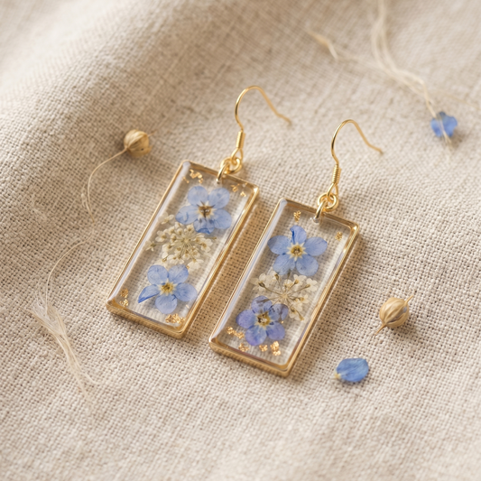Forget Me Not – Pressed Forget-Me-Not Clear Rectangle Resin Drop Earrings