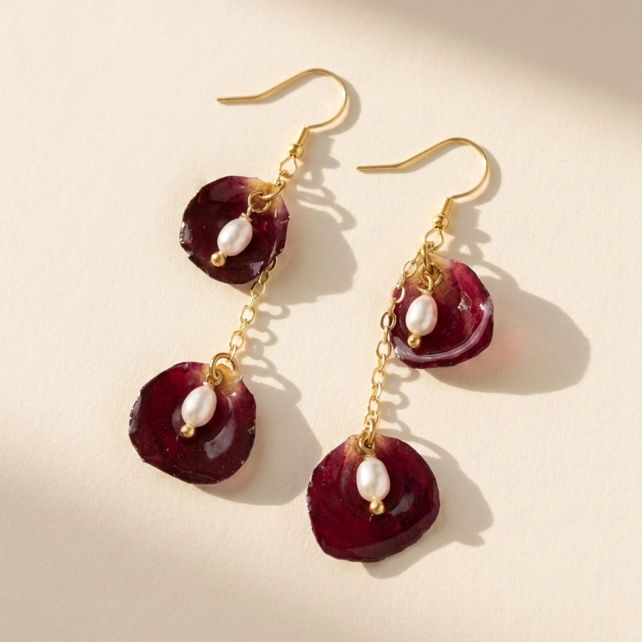 Rose Petal Cup – Dried Rose Petal & Pearl Drop Earrings