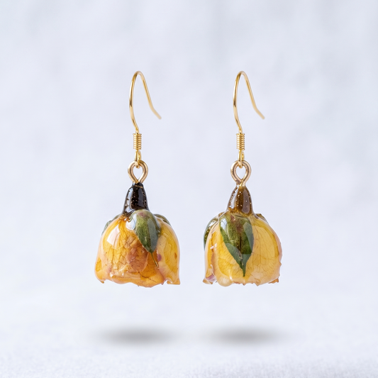 Rose Bud – Yellow Dried Rose Bud Drop Earrings