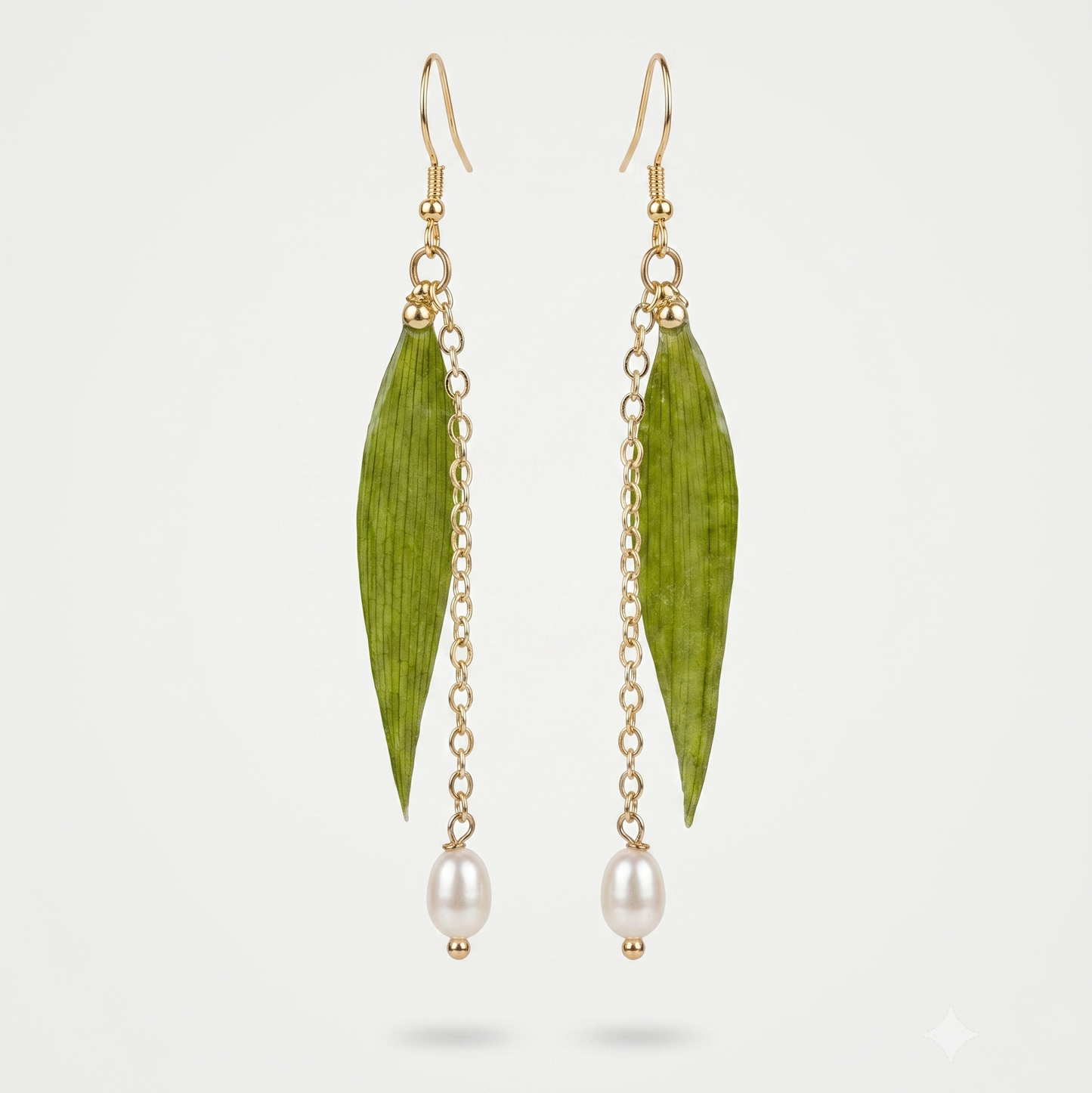Bamboo Leaf – Bamboo Leaf & Pearl Long Drop Earrings