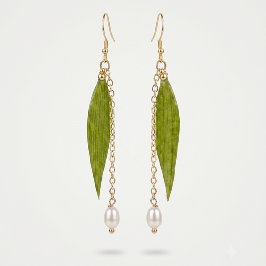 Bamboo Leaf – Bamboo Leaf & Pearl Long Drop Earrings