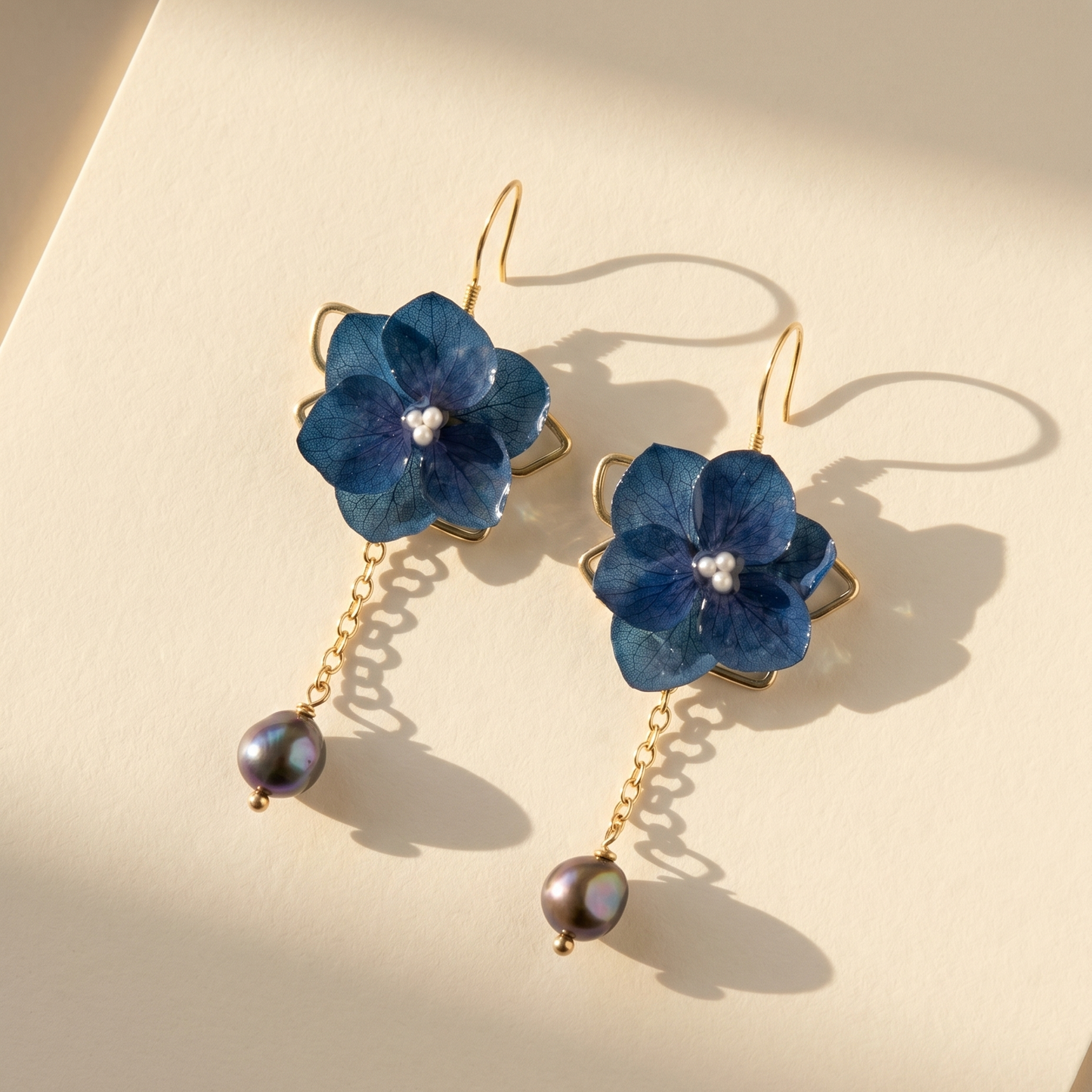 Hydrangea – Deep Blue Hydrangea & Pearl Drop Earrings