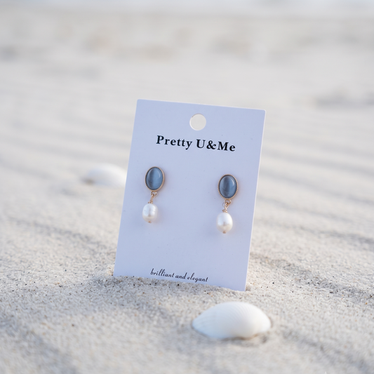 Blue Mist – Cat's Eye Stone & Pearl Drop Earrings